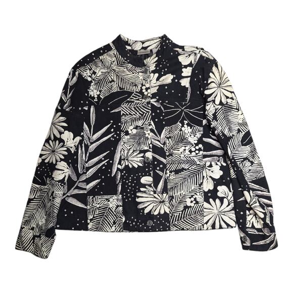 Vtg 1990s Chico's Black Ivory Illustrated Floral Button Up Cotton Jacket 1 M - Picture 1 of 5